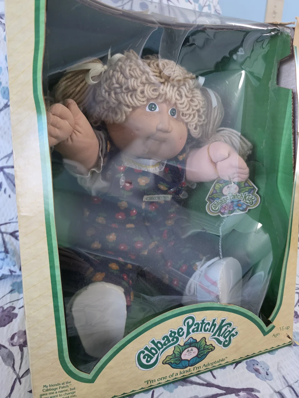 Cabbage Patch Kids 1980s Blonde Curly Hair, Flower Overalls Doll in Original Box